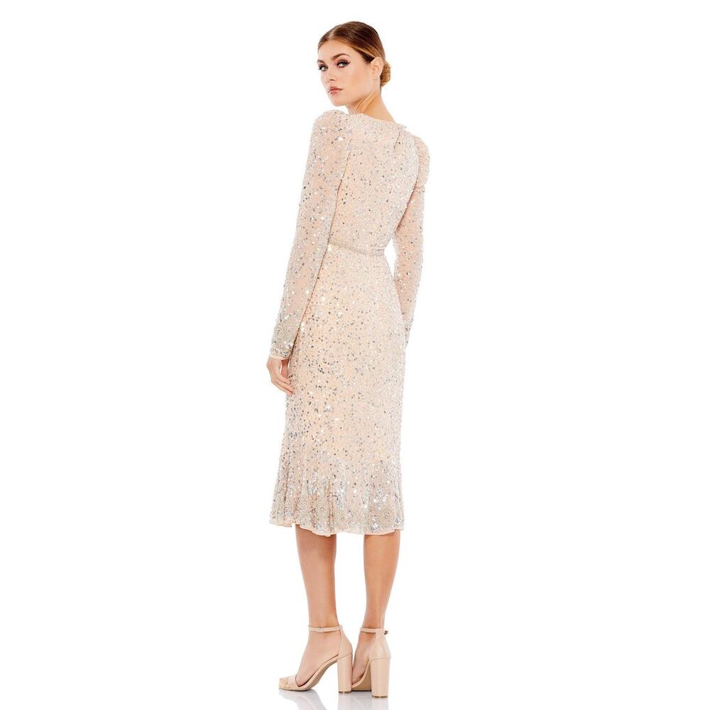 Mac Duggal 10740 Fetching Sequined Dress Nude Silver Size 6 NWT - Picture 2 of 12